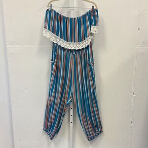 Love by Chesley Blue‎ Striped Off Shoulder Lace Trim Jumpsuit Plus Size 3X Boho